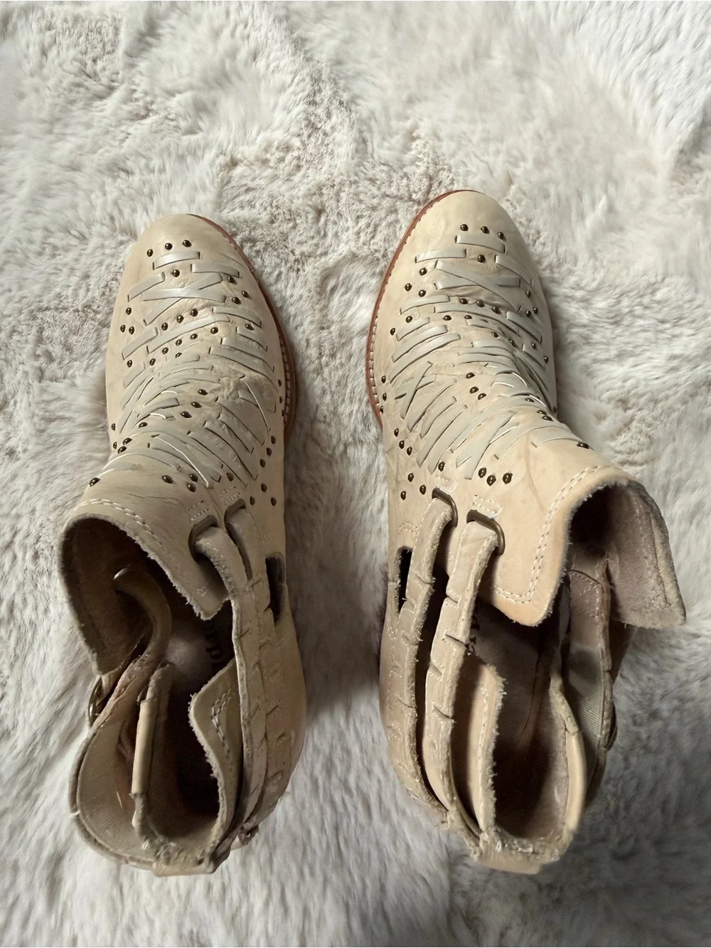 Caterpillar Beige Leather Cutout Buckle Ankle Boots
